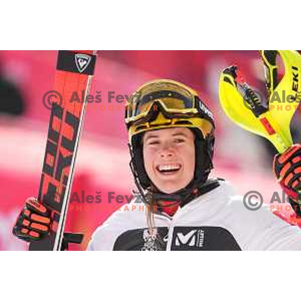 Katharina Liensberger (AUT), second placed, Petra Vlhova (SVK), Olympic gold medalist and Wendy Holdener (SUI) thrid placed at Women\'s Slalom in Yanging National Alpine Centre, Beijing 2022 Winter Olympic Games, China on February 9, 2022