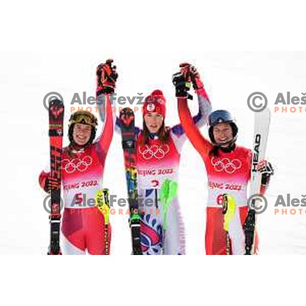 Katharina Liensberger (AUT), second placed, Petra Vlhova (SVK), Olympic gold medalist and Wendy Holdener (SUI) thrid placed at Women\'s Slalom in Yanging National Alpine Centre, Beijing 2022 Winter Olympic Games, China on February 9, 2022