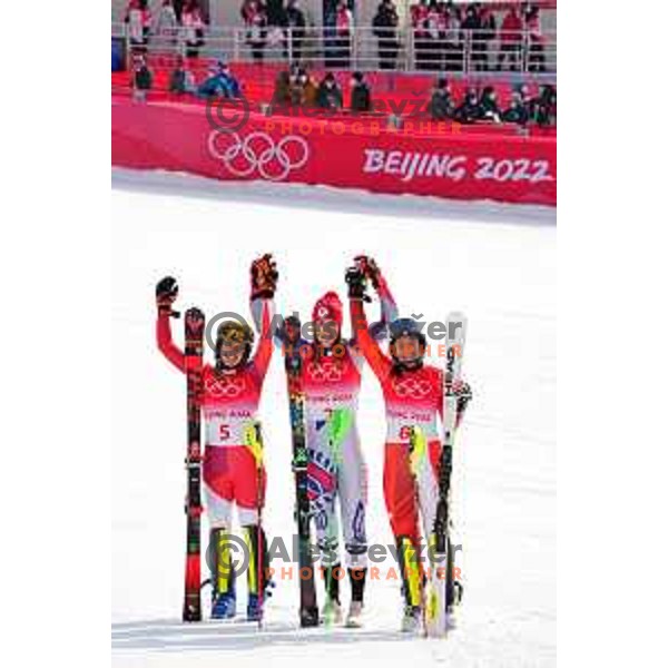 Katharina Liensberger (AUT), second placed, Petra Vlhova (SVK), Olympic gold medalist and Wendy Holdener (SUI) thrid placed at Women\'s Slalom in Yanging National Alpine Centre, Beijing 2022 Winter Olympic Games, China on February 9, 2022
