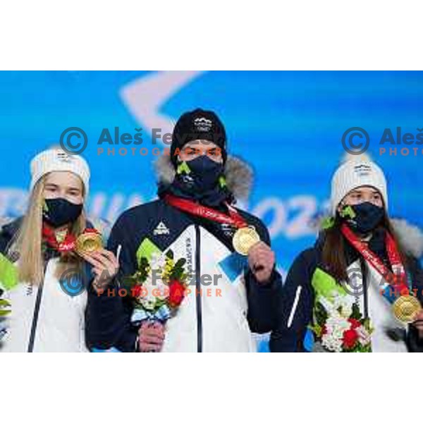 Nika Kriznar, Timi Zajc, Ursa Bogataj of Slovenia Ski jumping Olympic team, winners of Mix Team Competition in Zhangjiakou venue of Beijing 2022 Winter Olympic Games, China on February 7, 2022