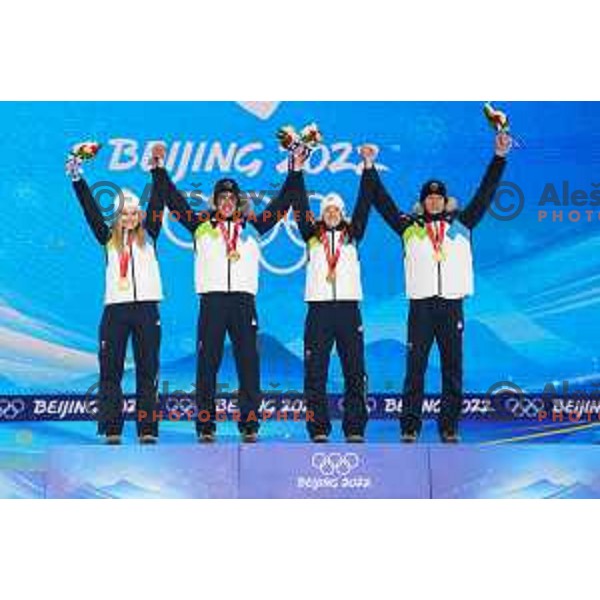 Nika Kriznar, Timi Zajc, Ursa Bogataj and Peter Prevc of Slovenia Ski jumping Olympic team, gold medal winners at Mix Team Competition in Zhangjiakou venue of Beijing 2022 Winter Olympic Games, China on February 7, 2022