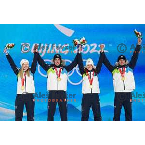 Nika Kriznar, Timi Zajc, Ursa Bogataj and Peter Prevc of Slovenia Ski jumping Olympic team, gold medal winners at Mix Team Competition in Zhangjiakou venue of Beijing 2022 Winter Olympic Games, China on February 7, 2022