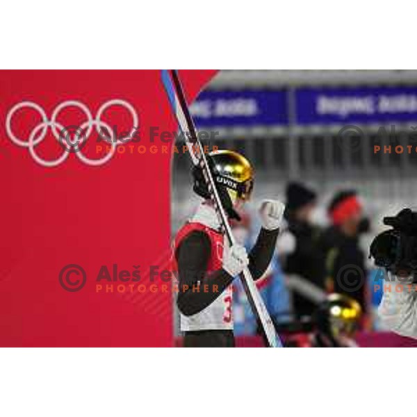 Lovro Kos (SLO) reacts after the final jump at Ski Jumping Normal Hill Competition in Zhangjiakou venue of Beijing 2022 Winter Olympic Games, China on February 12, 2022 