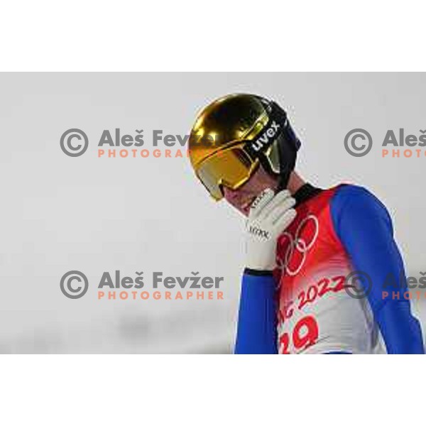 Timi Zajc (SLO) reacts after the final jump at Ski Jumping Normal Hill Competition in Zhangjiakou venue of Beijing 2022 Winter Olympic Games, China on February 12, 2022
