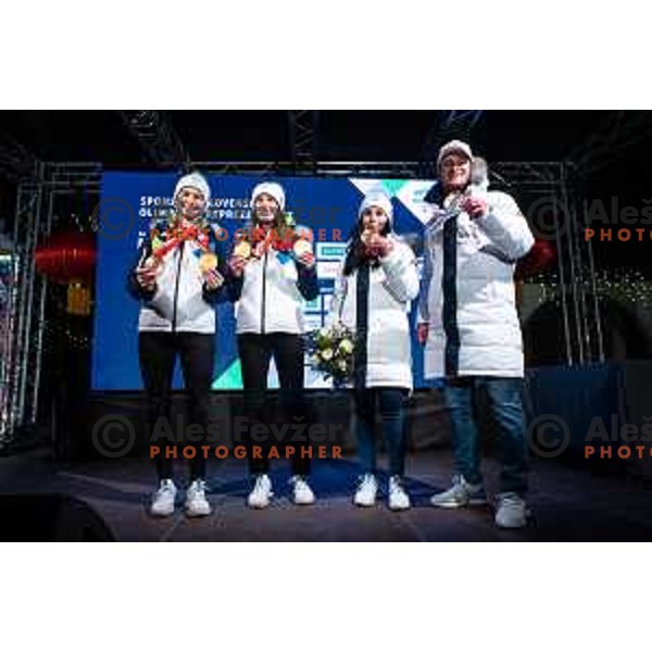 Nika Kriznar, Ursa Bogataj, Gloria Kotnik and Tim Mastnak at Olympic medalists reception held by Olympic Committee of Slovenia in Kranjska Gora, Slovenia on February 12, 2022