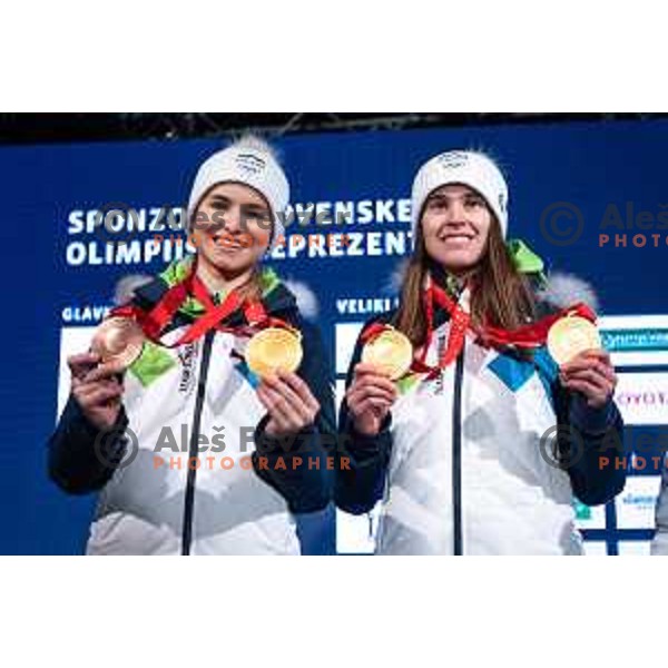 Nika Kriznar and Ursa Bogataj at Olympic medalists reception held by Olympic Committee of Slovenia in Kranjska Gora, Slovenia on February 12, 2022