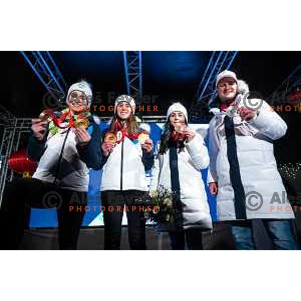 Nika Kriznar, Ursa Bogataj, Gloria Kotnik and Tim Mastnak at Olympic medalists reception held by Olympic Committee of Slovenia in Kranjska Gora, Slovenia on February 12, 2022