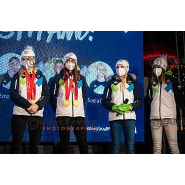 Nika Kriznar and Ursa Bogataj at Olympic medalists reception held by Olympic Committee of Slovenia in Kranjska Gora, Slovenia on February 12, 2022
