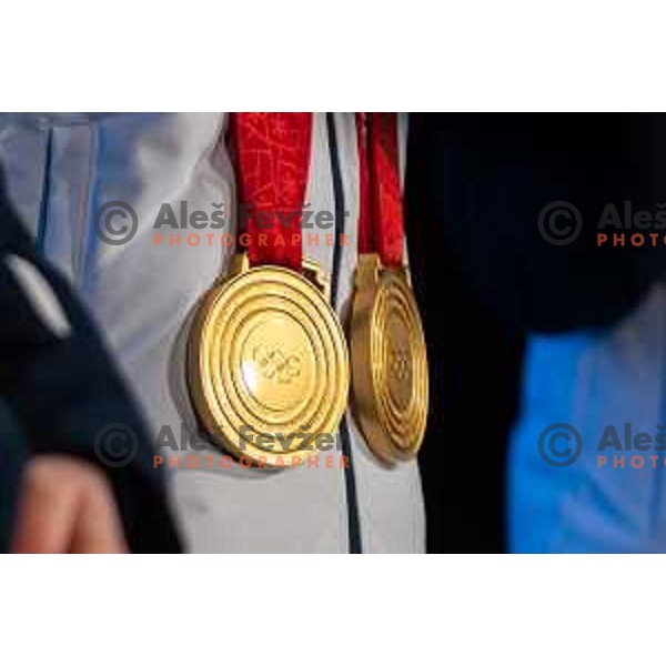 at Olympic medalists reception held by Olympic Committee of Slovenia in Kranjska Gora, Slovenia on February 12, 2022