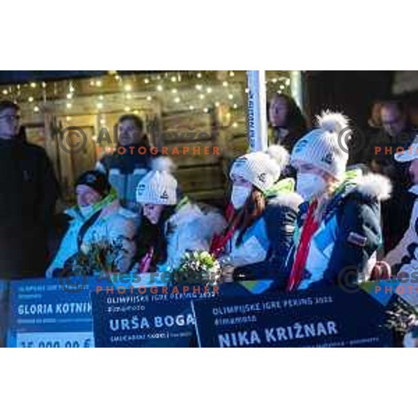 Nika Kriznar and Ursa Bogataj at Olympic medalists reception held by Olympic Committee of Slovenia in Kranjska Gora, Slovenia on February 12, 2022