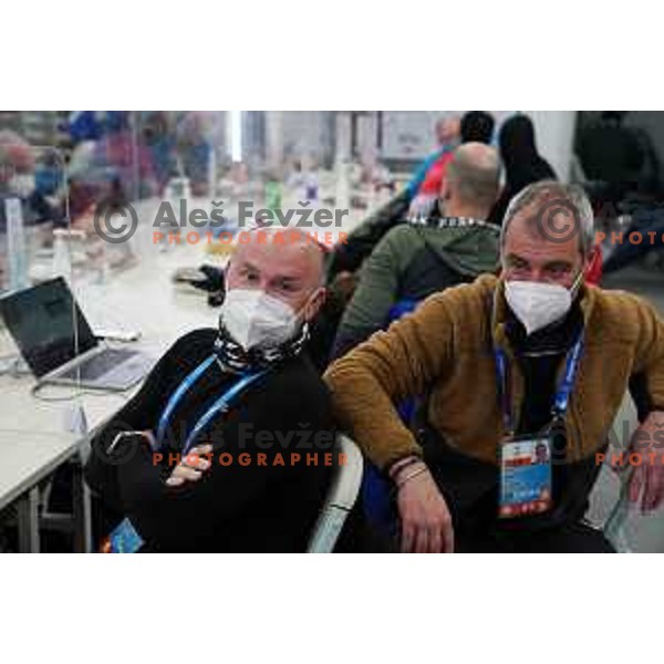 Anze Baselj and Ales Zivec during weather delay at Men\'s Giant slalom in Yanging National Alpine Centre, Beijing 2022 Winter Olympic Games, China on February 13, 2022