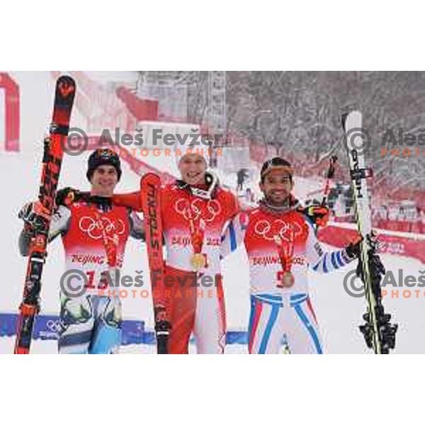 Zan Kranjec (SLO), Marco Odermatt (SUI) and Mathieu Faivre (FRA) Olympic medalists in Men\'s Giant slalom in Yanging National Alpine Centre, Beijing 2022 Winter Olympic Games, China on February 13, 2022