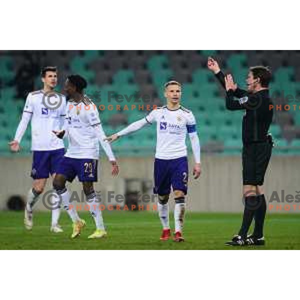 Martin Milec and referee Matej Jug during Prva Liga Telemach football match between Olimpija and Maribor in SRC Stozice, Ljubljana, Slovenia on February 13, 2022