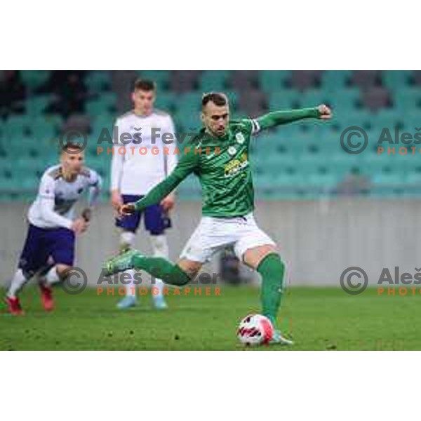 Mustafa Nukic scores from penalty kick during Prva Liga Telemach football match between Olimpija and Maribor in SRC Stozice, Ljubljana, Slovenia on February 13, 2022