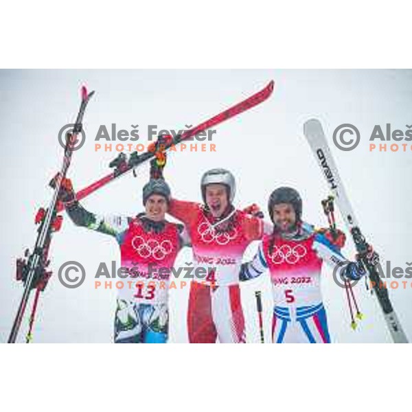 Zan Kranjec (SLO), Marco Odermatt (SUI) and Mathieu Faivre (FRA) Olympic medalists in Men\'s Giant slalom in Yanging National Alpine Centre, Beijing 2022 Winter Olympic Games, China on February 13, 2022