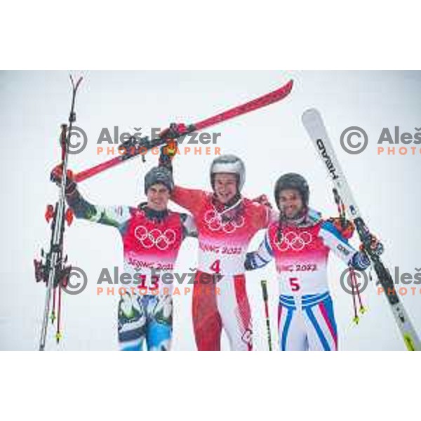 Zan Kranjec (SLO), Marco Odermatt (SUI) and Mathieu Faivre (FRA) Olympic medalists in Men\'s Giant slalom in Yanging National Alpine Centre, Beijing 2022 Winter Olympic Games, China on February 13, 2022