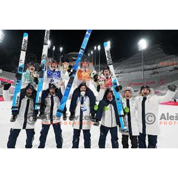 Cene Prevc, Peter Prevc, Timi Zajc, Lovro Kos, Robert Hrgota, Anze Lanisek of Slovenia celebrate silver medal at Ski Jumping Men’s Team Competition in Zhangjiakou venue of Beijing 2022 Winter Olympic Games, China on February 14, 2022