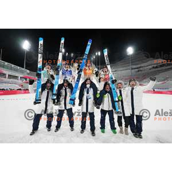 Cene Prevc, Peter Prevc, Timi Zajc, Lovro Kos, Robert Hrgota, Anze Lanisek of Slovenia celebrate silver medal at Ski Jumping Men’s Team Competition in Zhangjiakou venue of Beijing 2022 Winter Olympic Games, China on February 14, 2022