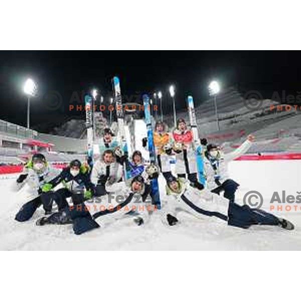 Cene Prevc, Peter Prevc, Timi Zajc, Lovro Kos, Robert Hrgota, Anze Lanisek of Slovenia celebrate silver medal at Ski Jumping Men’s Team Competition in Zhangjiakou venue of Beijing 2022 Winter Olympic Games, China on February 14, 2022