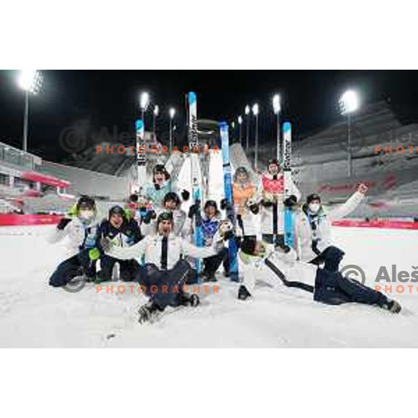 Cene Prevc, Peter Prevc, Timi Zajc, Lovro Kos, Robert Hrgota, Anze Lanisek of Slovenia celebrate silver medal at Ski Jumping Men’s Team Competition in Zhangjiakou venue of Beijing 2022 Winter Olympic Games, China on February 14, 2022
