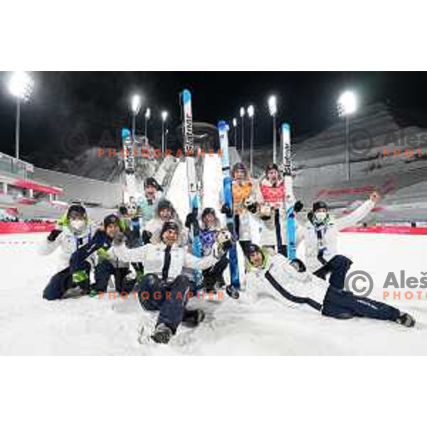 Cene Prevc, Peter Prevc, Timi Zajc, Lovro Kos, Robert Hrgota, Anze Lanisek of Slovenia celebrate silver medal at Ski Jumping Men’s Team Competition in Zhangjiakou venue of Beijing 2022 Winter Olympic Games, China on February 14, 2022
