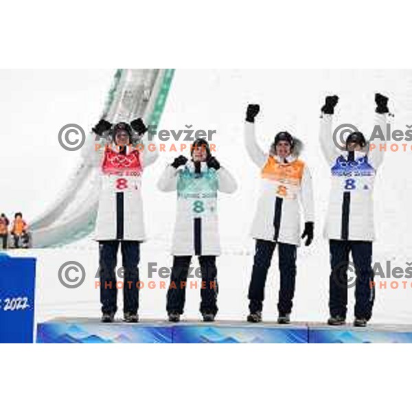 Lovro Kos, Cene Prevc, Timi Zajc, Peter Prevc of Slovenia celebrate silver medal at Ski Jumping Men’s Team Competition in Zhangjiakou venue of Beijing 2022 Winter Olympic Games, China on February 14, 2022