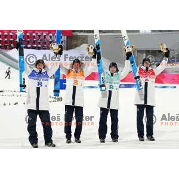 Lovro Kos, Cene Prevc, Timi Zajc, Peter Prevc of Slovenia celebrate silver medal at Ski Jumping Men’s Team Competition in Zhangjiakou venue of Beijing 2022 Winter Olympic Games, China on February 14, 2022