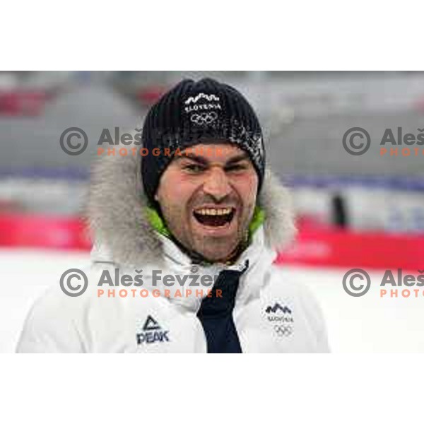 Robert Hrgota , head coach of Slovenia celebrates silver medal at Ski Jumping Men’s Team Competition in Zhangjiakou venue of Beijing 2022 Winter Olympic Games, China on February 14, 2022