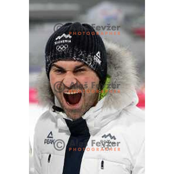 Robert Hrgota , head coach of Slovenia celebrates silver medal at Ski Jumping Men’s Team Competition in Zhangjiakou venue of Beijing 2022 Winter Olympic Games, China on February 14, 2022