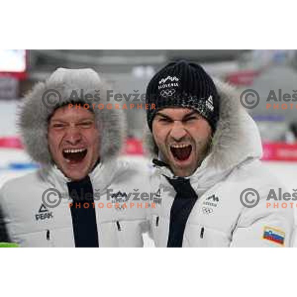 Anze Lanisek and Head coach Robert Hrgota (SLO) celebrate sliver medal at Ski Jumping Men’s Team Competition in Zhangjiakou venue of Beijing 2022 Winter Olympic Games, China on February 14, 2022
