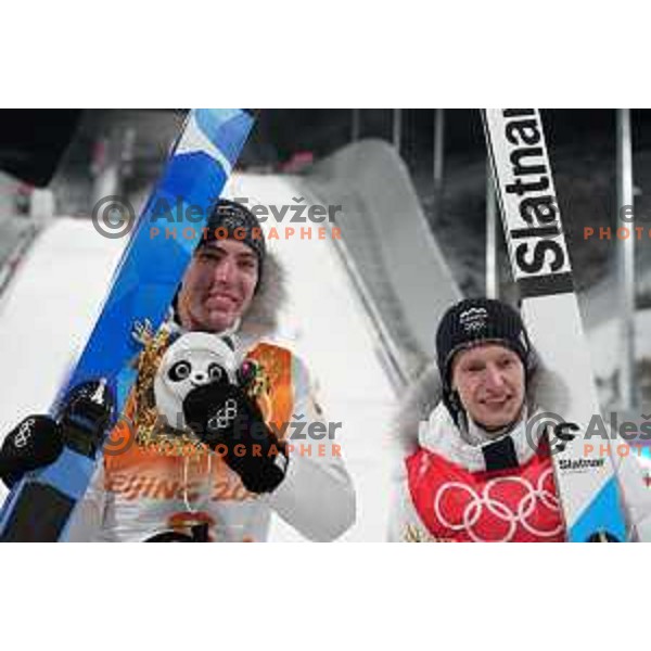 Timi Zajc and Lovro Kos of Slovenia celebrate silver medal at Ski Jumping Men’s Team Competition in Zhangjiakou venue of Beijing 2022 Winter Olympic Games, China on February 14, 2022