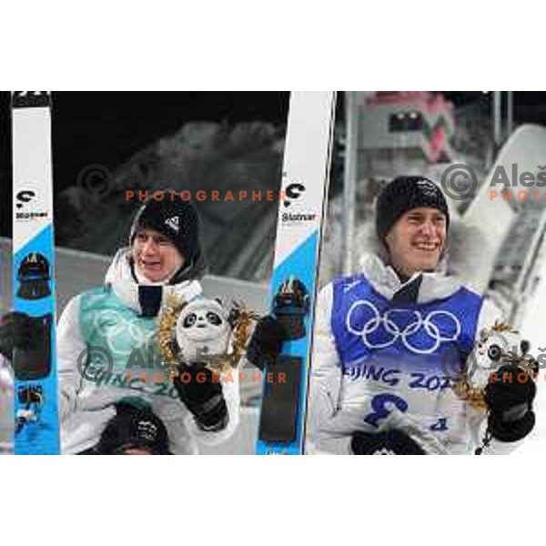Brothers Cene and Peter Prevc (SLO) celebrate silver medal at Ski Jumping Men’s Team Competition in Zhangjiakou venue of Beijing 2022 Winter Olympic Games, China on February 14, 2022