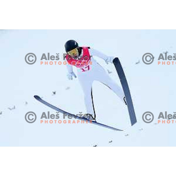Vid Vrhovnik of Slovenia competes in Nordic Combined Ski Jumping Large Hill Competition in Zhangjiakou venue of Beijing 2022 Winter Olympic Games, China on February 15, 2022