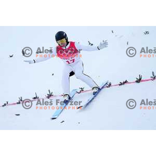 Vid Vrhovnik of Slovenia competes in Nordic Combined Ski Jumping Large Hill Competition in Zhangjiakou venue of Beijing 2022 Winter Olympic Games, China on February 15, 2022