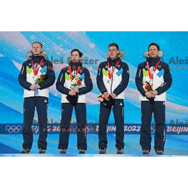 Lovro Kos, Cene Prevc, Timi Zajc, Peter Prevc of Slovenia celebrate silver medal in Ski Jumping Men’s Team Competition in Medal Plaza, Zhangjiakou venue of Beijing 2022 Winter Olympic Games, China on February 15, 2022