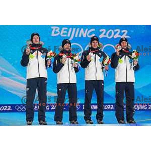 Lovro Kos, Cene Prevc, Timi Zajc, Peter Prevc of Slovenia celebrate silver medal in Ski Jumping Men’s Team Competition in Medal Plaza, Zhangjiakou venue of Beijing 2022 Winter Olympic Games, China on February 15, 2022