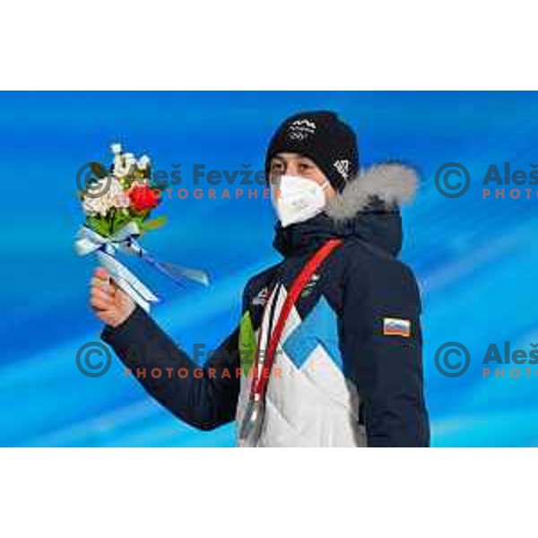 Cene Prevc of Slovenia celebrates silver medal in Ski Jumping Men’s Team Competition in Medal Plaza, Zhangjiakou venue of Beijing 2022 Winter Olympic Games, China on February 15, 2022