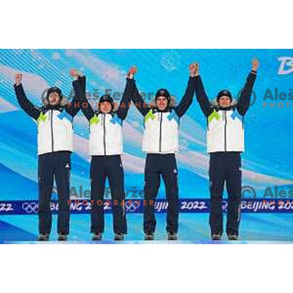 Lovro Kos, Cene Prevc, Timi Zajc, Peter Prevc of Slovenia celebrate silver medal in Ski Jumping Men’s Team Competition in Medal Plaza, Zhangjiakou venue of Beijing 2022 Winter Olympic Games, China on February 15, 2022