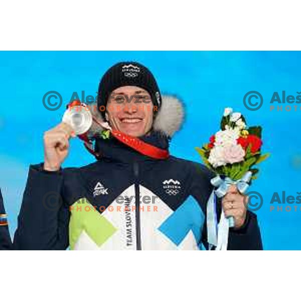 Peter Prevc of Slovenia celebrates silver medal in Ski Jumping Men’s Team Competition in Medal Plaza, Zhangjiakou venue of Beijing 2022 Winter Olympic Games, China on February 15, 2022