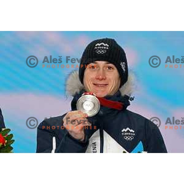 Cene Prevc of Slovenia celebrates silver medal in Ski Jumping Men’s Team Competition in Medal Plaza, Zhangjiakou venue of Beijing 2022 Winter Olympic Games, China on February 15, 2022
