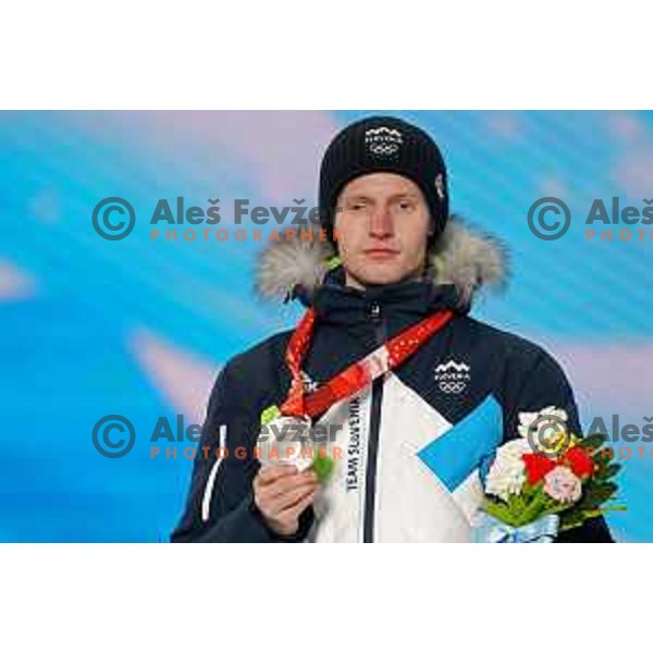 Lovro Kos of Slovenia celebrates silver medal in Ski Jumping Men’s Team Competition in Medal Plaza, Zhangjiakou venue of Beijing 2022 Winter Olympic Games, China on February 15, 2022