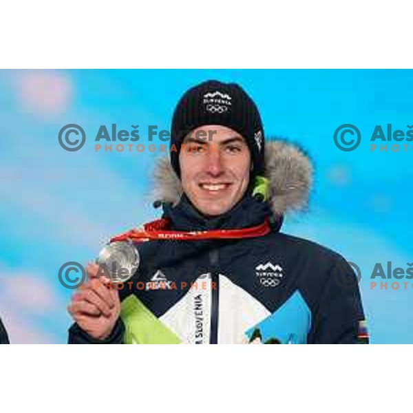 Timi Zajc of Slovenia celebrates silver medal in Ski Jumping Men’s Team Competition in Medal Plaza, Zhangjiakou venue of Beijing 2022 Winter Olympic Games, China on February 15, 2022