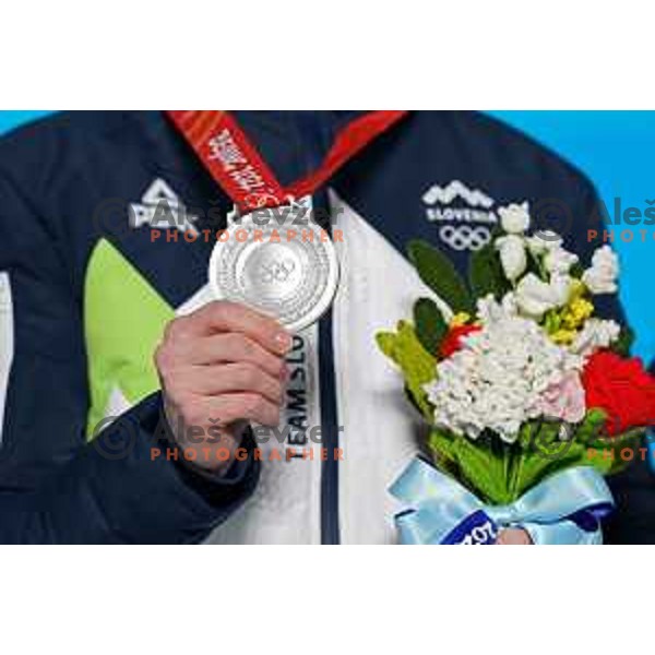 Slovenia\'s silver medal in Ski Jumping Men’s Team Competition in Medal Plaza, Zhangjiakou venue of Beijing 2022 Winter Olympic Games, China on February 15, 2022