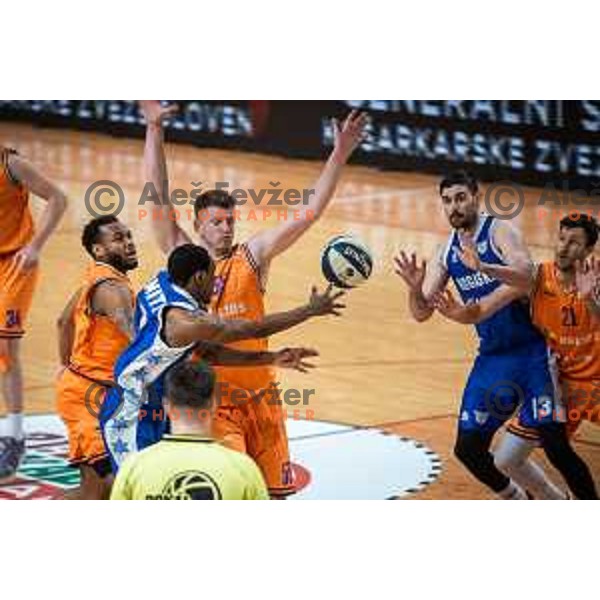 Mladen Primorac and Leon Santelj in action during Spar Cup semi-finals basketball match between Helios Suns and Rogaska in Kodeljevo, Ljubljana, Slovenia on February 17, 2022
