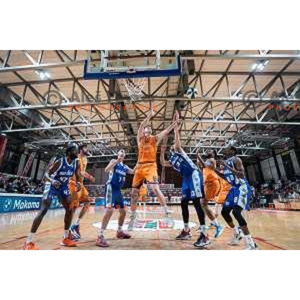 Petar Vujacic and Mladen Primorac vs Leon Santelj in action during Spar Cup semi-finals basketball match between Helios Suns and Rogaska in Kodeljevo, Ljubljana, Slovenia on February 17, 2022. Photo: Jure Banfi/www.alesfevzer.com