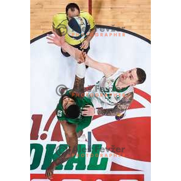 Hasahn French and Alen Omic in action during semi-final of Spar Cup basketball match between Cedevita Olimpija and Krka in Kodeljevo Hall, Ljubljana, Slovenia on February 17, 2022