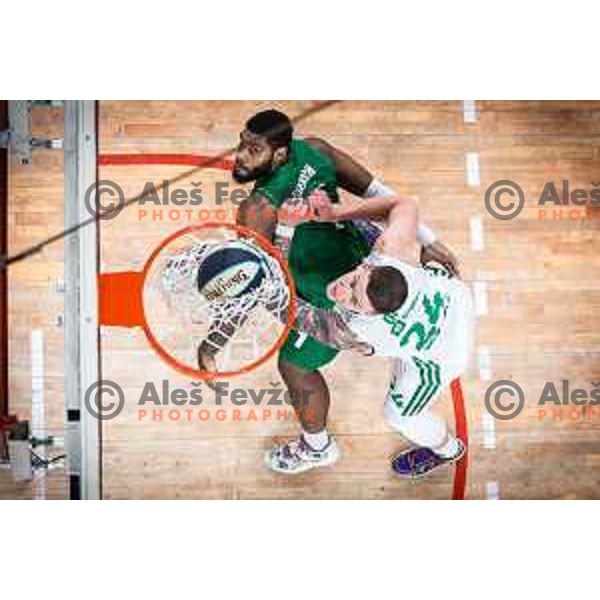 Hasahn French and Alen Omic in action during semi-final of Spar Cup basketball match between Cedevita Olimpija and Krka in Kodeljevo Hall, Ljubljana, Slovenia on February 17, 2022
