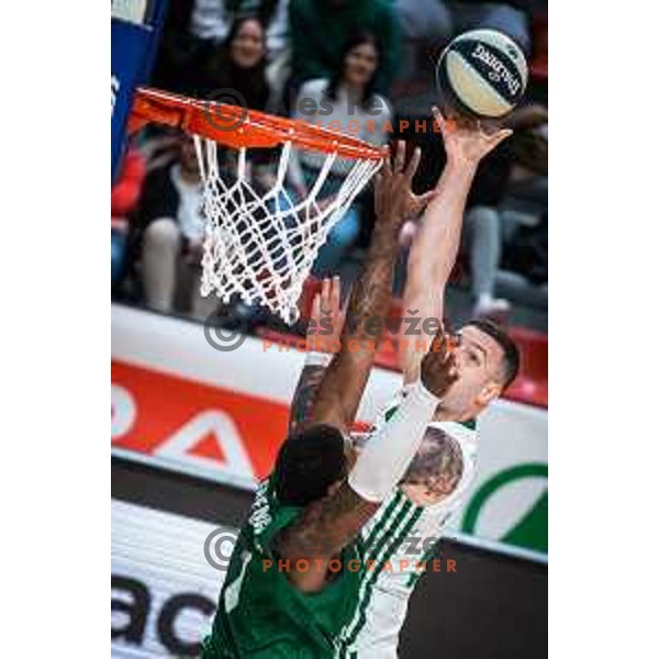 Hasahn French and Alen Omic in action during semi-final of Spar Cup basketball match between Cedevita Olimpija and Krka in Kodeljevo Hall, Ljubljana, Slovenia on February 17, 2022