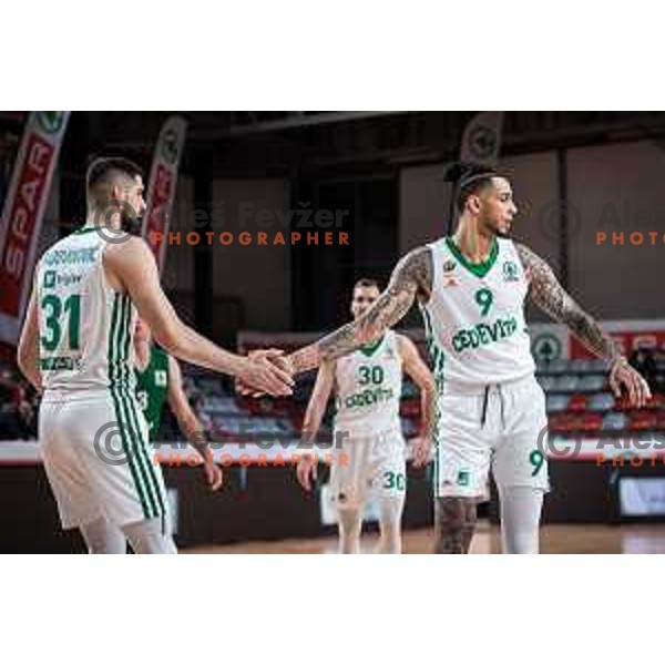 Marko Radovanovic and Zach Auguste in action during semi-final of Spar Cup basketball match between Cedevita Olimpija and Krka in Kodeljevo Hall, Ljubljana, Slovenia on February 17, 2022