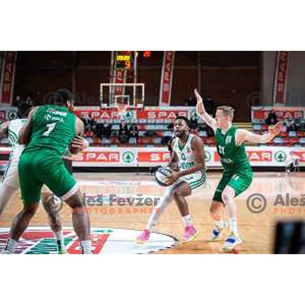 Jacob Pullen and Miha Lapornik in action during semi-final of Spar Cup basketball match between Cedevita Olimpija and Krka in Kodeljevo Hall, Ljubljana, Slovenia on February 17, 2022